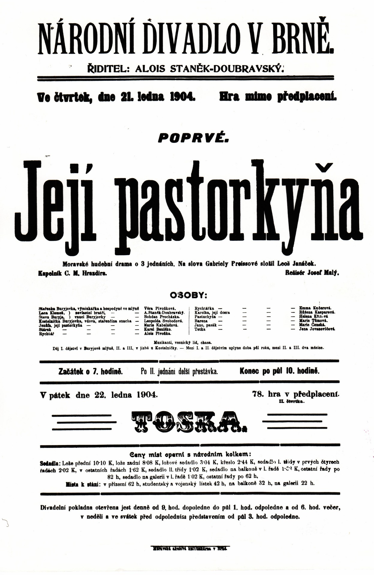 Plakát k prvnímu uvedení Její pastorkyně